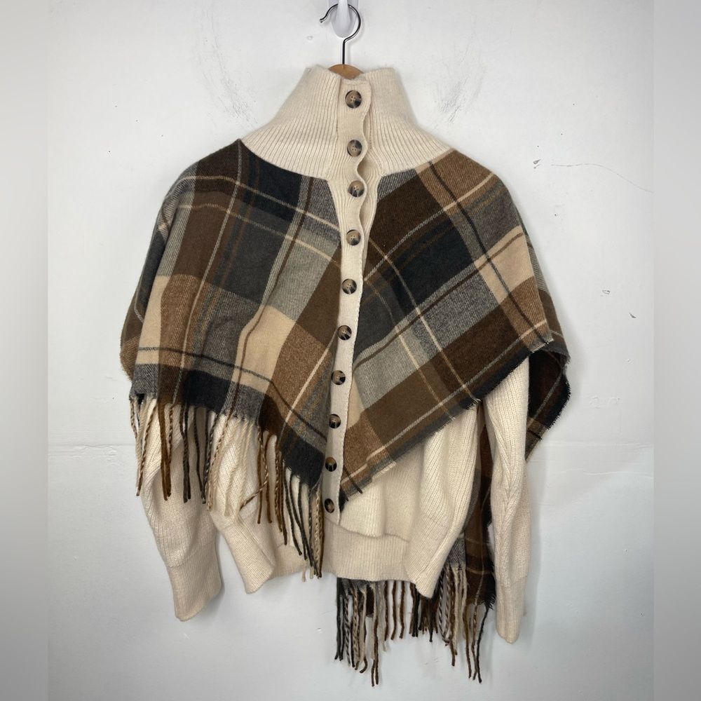 Check Tassel Shawl Fake Two-Piece Turtleneck Knitted Cardigan Sweater size L